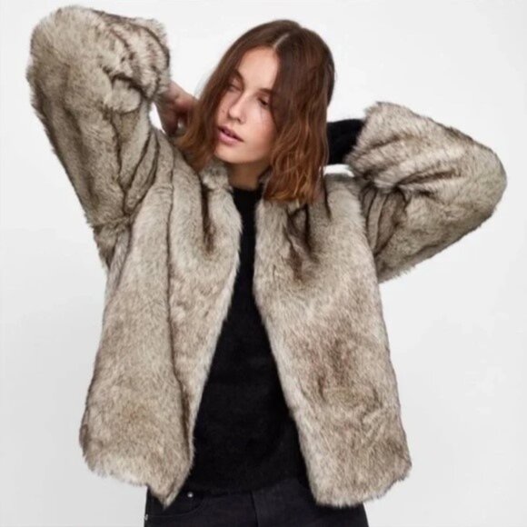 Zara Teddy Bear Jacket Coat with Hood Faux Fur Long Sleeve Small Like New - Picture 1 of 12